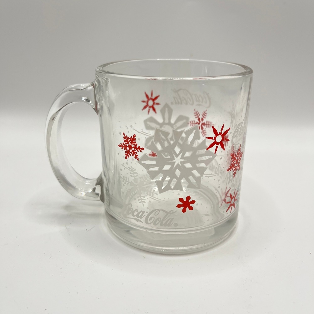Coca-Cola Libbey Glass Mug Snowflake Christmas Red White Clear Coffee Cup 5213